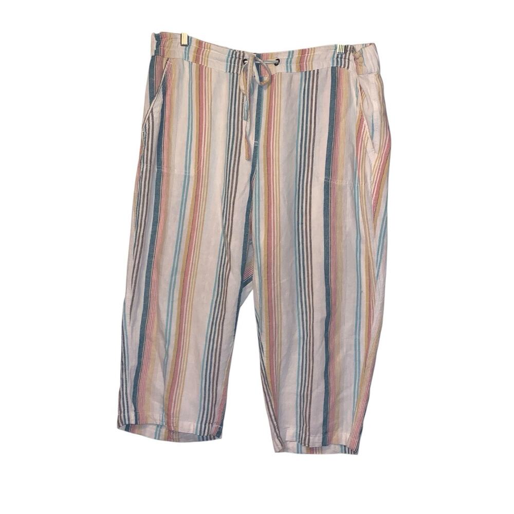Per Se Linen Blend Pull On Capri Pants Women 1X Plus Multicolor Pinstripe